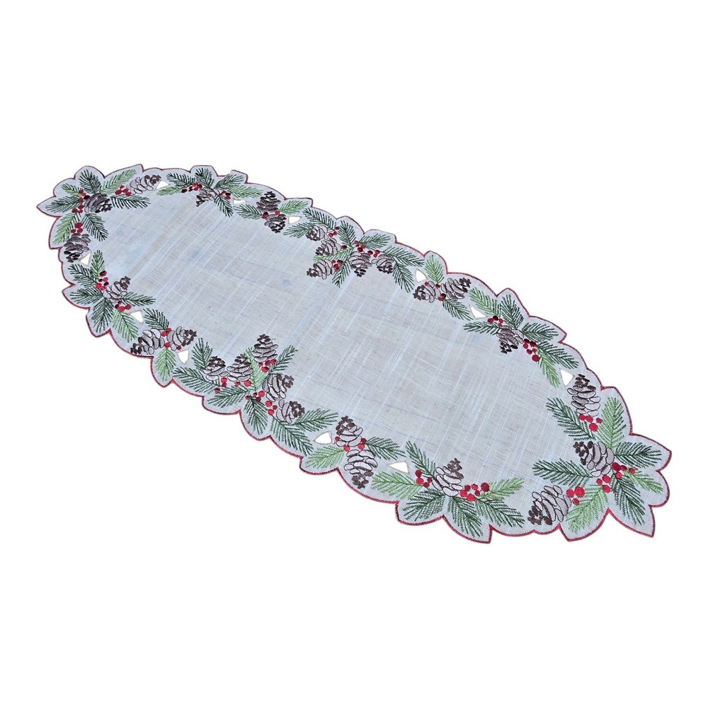St. Nicholas Square Holly Linen Table Runner 13"X35" Pinecone Woodsy Country EUC